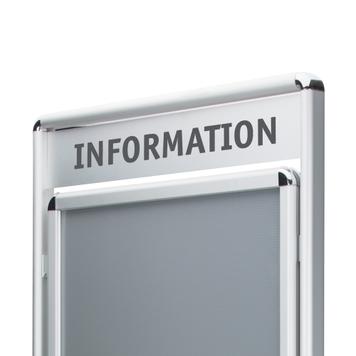 Expositor de carteles «Info» con placa superior, perfil de 32 mm, anodizado plateado, esquinas redondeadas, 2 lados
